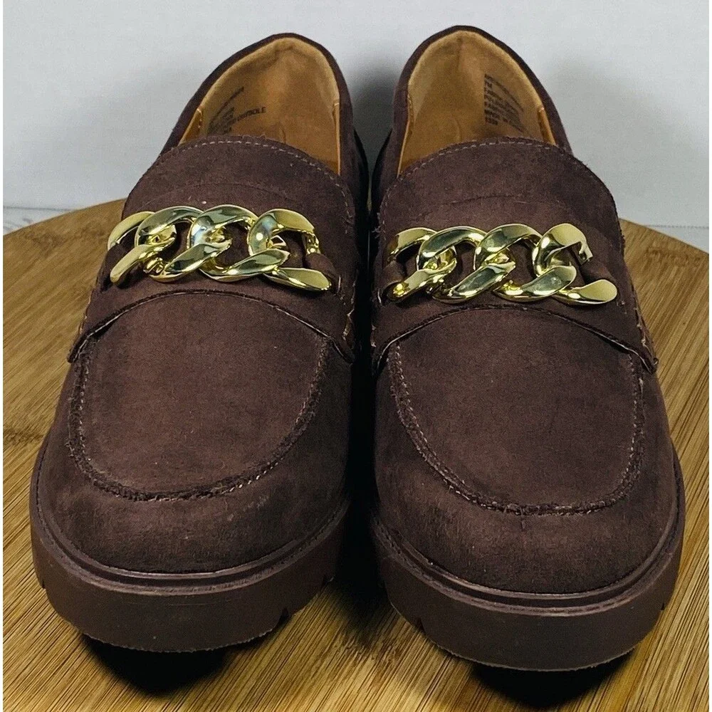 Anne Klein Loafers Brown Faux Suede Chain Detail Size 7M Chunky Preppy Classic